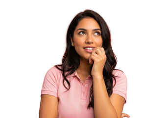 Fototapeta premium Young beautiful woman with long dark hair, thinking and biting her nails, isolated on transparent background