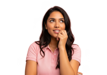 Young beautiful woman with long dark hair, thinking and biting her nails, isolated on transparent background