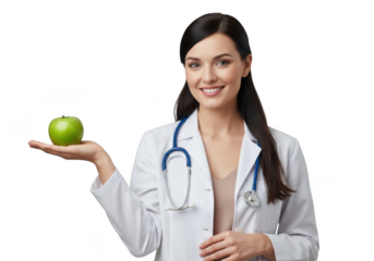Smiling female doctor in white coat holding a green apple isolated on transparent background, representing healthy lifestyle and nutrition advice