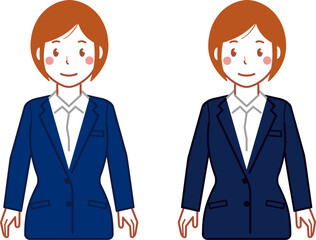 ネイビースーツ、ショートヘアの両手を下ろす若い女性