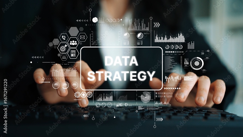 Aufkleber business professional developing data strategy with keyboard and digital graphics for analytics and 