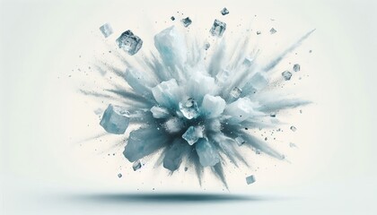 White ice cubes explode on a white background.