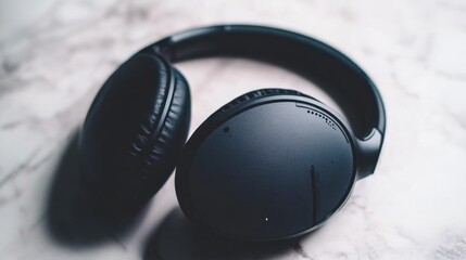 Sleek modern headphones on a light marble surface showcasing audio technology design minimalist