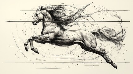 A galloping horse, stylized with flowing mane and tail, depicted in mid-air.  Abstract lines and circles surround the animal, creating a dynamic composition
