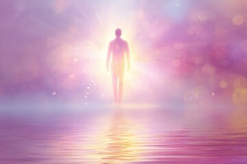 Silhouette of a mystical human figure bathed in radiant colors emerging from a glowing ethereal light over tranquil waters at dawn