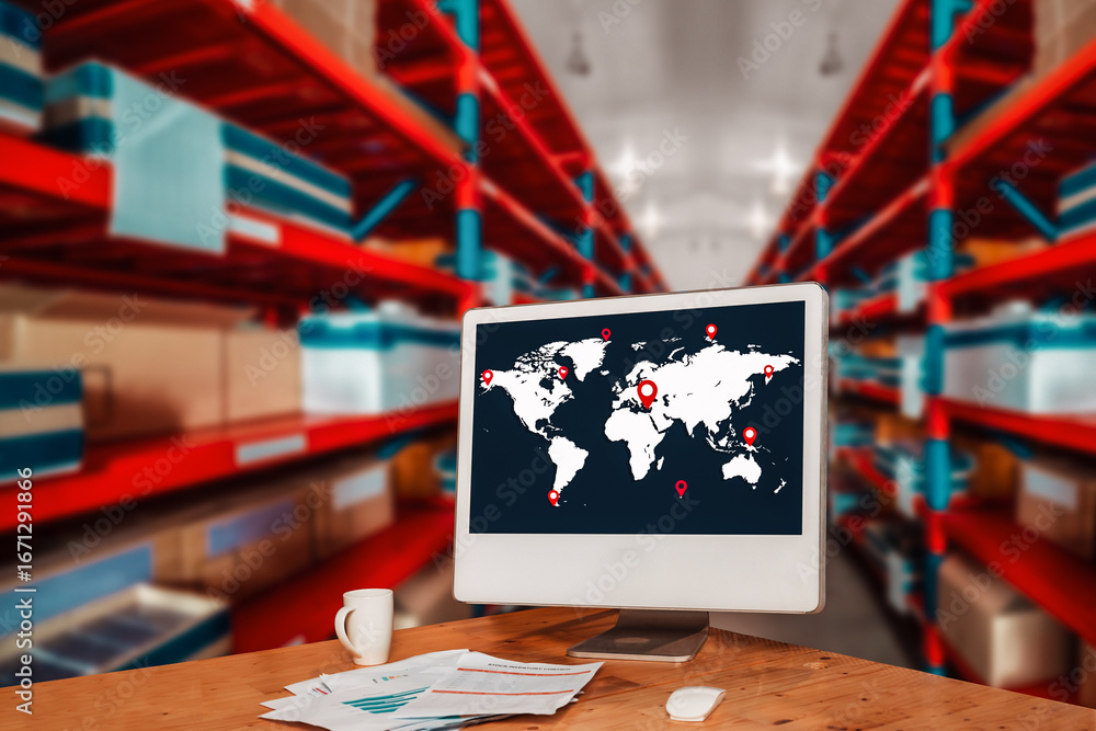 Aufkleber warehouse management innovative software in computer for real time monitoring of goods package deliv