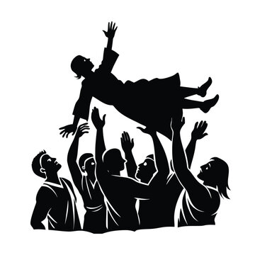 Jesus silhouette lifting a paralytic man vector silhouette on white background
