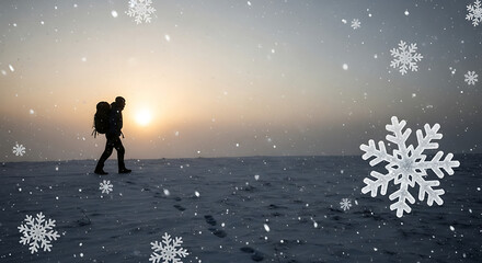 Silhouette of a hiker with backpack walking through a snowy landscape during a winter sunset scene outdoors