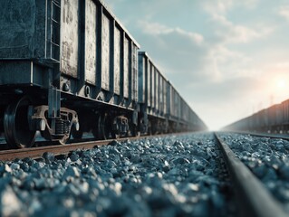 Close up of freight train wagons on railway tracks stretching into the distance under soft light