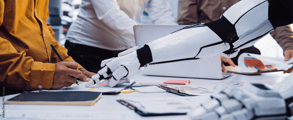 Poster a vibrant office scene showcasing collaboration between humans and robots, emphasizing technology an