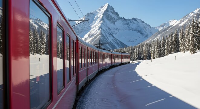 Red train in snowy mountain landscape