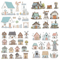 Charming illustration set of rustic cottages, farmhouses, and cabins with hand-drawn details, perfect for storybooks, invitations, or creative design projects.