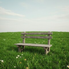 Wooden bench in grassy field under cloudy sky