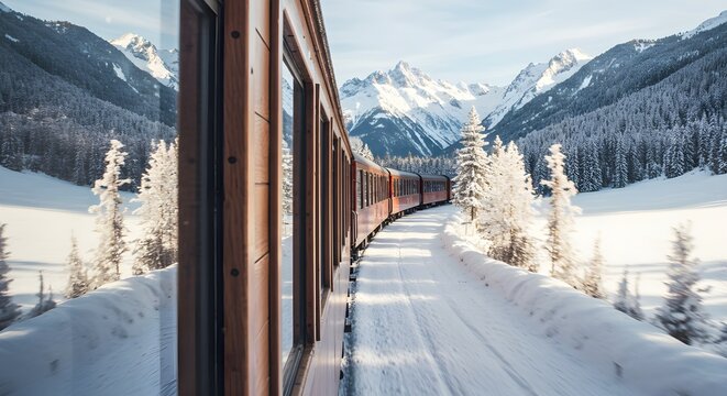 Snowy mountain view from train - Powered by Adobe