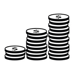 Black coins stacked into three piles show growth and financial success