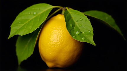 Fresh Yellow Lemon with Water Droplets and Green Leaves on Black Background