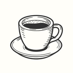Handdrawn sketch showcases a filled cup resting neatly on its matching saucer