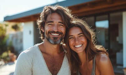 Joyful, eco-conscious couple  in front of their modern home equipped with efficient solar panels on the roof, symbolizing their commitment to green energy and sustainable living, Generative AI