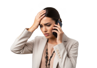 Stressed businesswoman holding her head while talking on the phone, isolated on transparent background