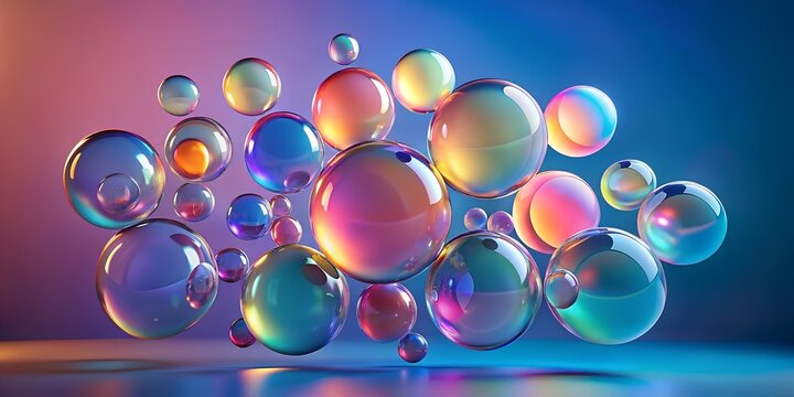 A collection of iridescent spheres creates a mesmerizing abstract background, blending art and technology in a vibrant display of light, color, and reflection