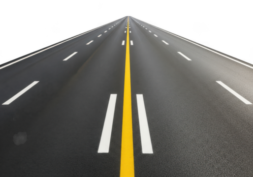 Perspective view of an asphalt highway with a bright yellow center line and white lane markers isolated on transparent background