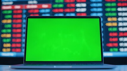Financial data analysis workstation with a laptop featuring a chroma key green screen, set against a background of stock market charts - Powered by Adobe
