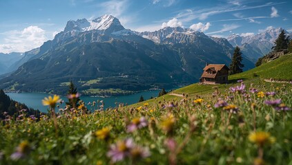 A picturesque alpine meadow, dotted with wildflowers, overlooks a tranquil lake nestled amidst majestic mountains.