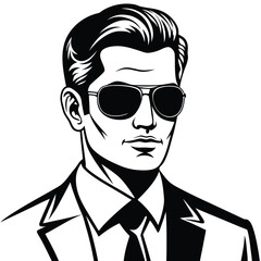 A stylized man with aviator sunglasses wearing a suit appears in black and white