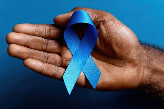 Close up of hand holding blue ribbon, representing prostate cancer awareness and men's health, on a blue background