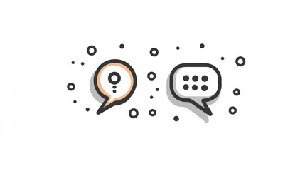 Two speech bubbles, one with a question mark, the other with dots, set against a white background with scattered dots