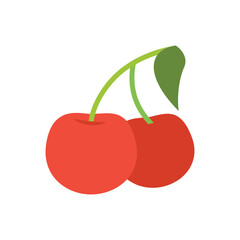 Red Cherry Fruit Icon. Fresh Juicy Cherries with Green Leaf Vector Illustration