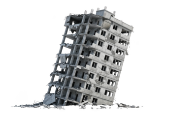A severely damaged and leaning apartment building isolated on transparent background
