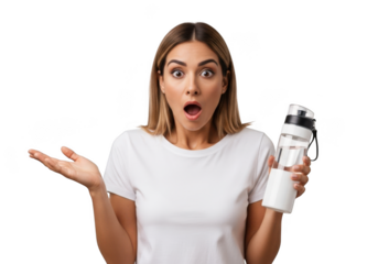 Young surprised woman holding a water bottle, isolated on transparent background, with an expression of shock and questioning