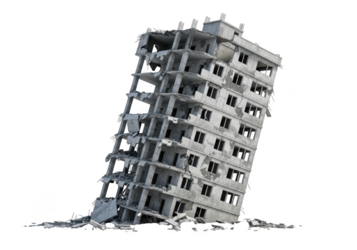 A severely damaged and leaning apartment building isolated on transparent background
