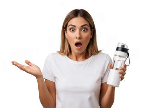 Young surprised woman holding a water bottle, isolated on transparent background, with an expression of shock and questioning