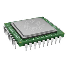Computer processor chip on a green circuit board isolated on transparent background