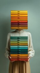 Surreal Portrait of Person Concealed by Vibrant Multicolored Stacked Drawers on Calming Pastel Background Evoking Curiosity and Mystery