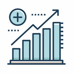 Flat line graph with upward trend and plus icon on white background