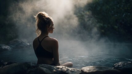 Obraz premium Woman meditating in an outdoor onsen pool amidst the mist and steam