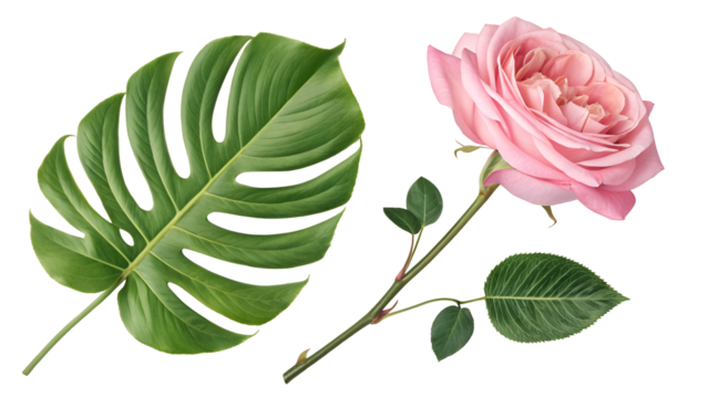 Monstera leaf pink rose stem isolated on a transparent background green