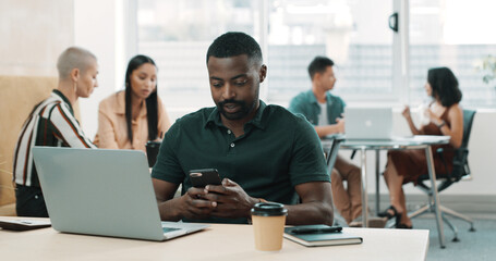 Phone, online and reading with business man in office for social media, branding manager and contact. Campaign marketing, network and text message with person and laptop for chat, research and app