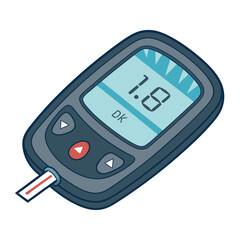 Digital illustration of a glucose meter with a test strip on a white background