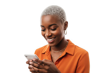 Young african american woman smiling while looking down at her smartphone, isolated on transparent background