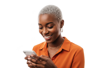 Young african american woman smiling while looking down at her smartphone, isolated on transparent background