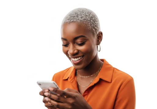 Young african american woman smiling while looking down at her smartphone, isolated on transparent background