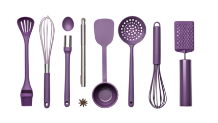 Purple kitchen tools arranged neatly isolated on a transparent background utensils whisk