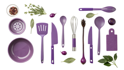 Purple kitchen utensils arranged with herbs and vegetables isolated on a transparent background