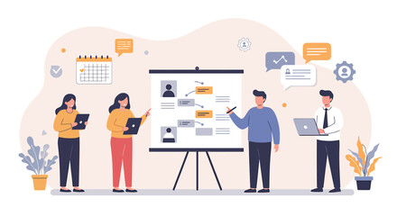 Business team collaborating on project strategy and planning using whiteboard.