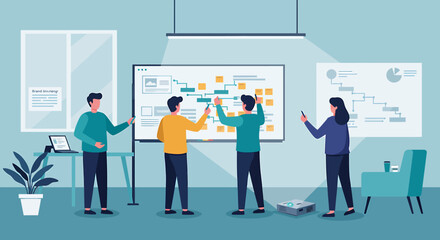 Business Professionals Collaborating on a Whiteboard for Strategic Planning.