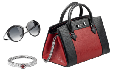 Red and black leather handbag with sunglasses and diamond ring isolated on a transparent background